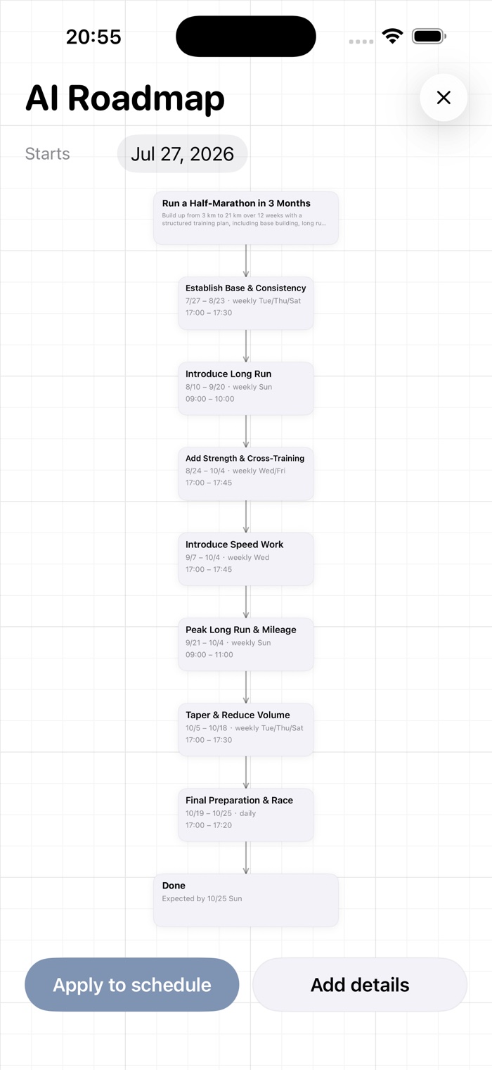 E7 TimeBox AI 路线图：灵感拆成分阶段的训练计划，可一键应用到日程