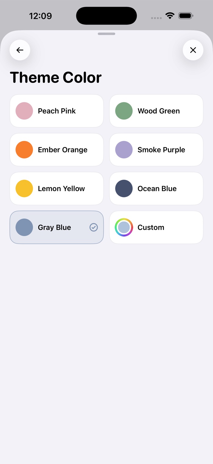 E7 TimeBox App 主题：八种预设颜色与自定义取色盘